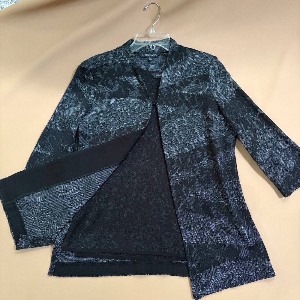 Ming Wang Womens Small 2pc Jacket Tank Set Black Silver Metallic Floral Jacquard